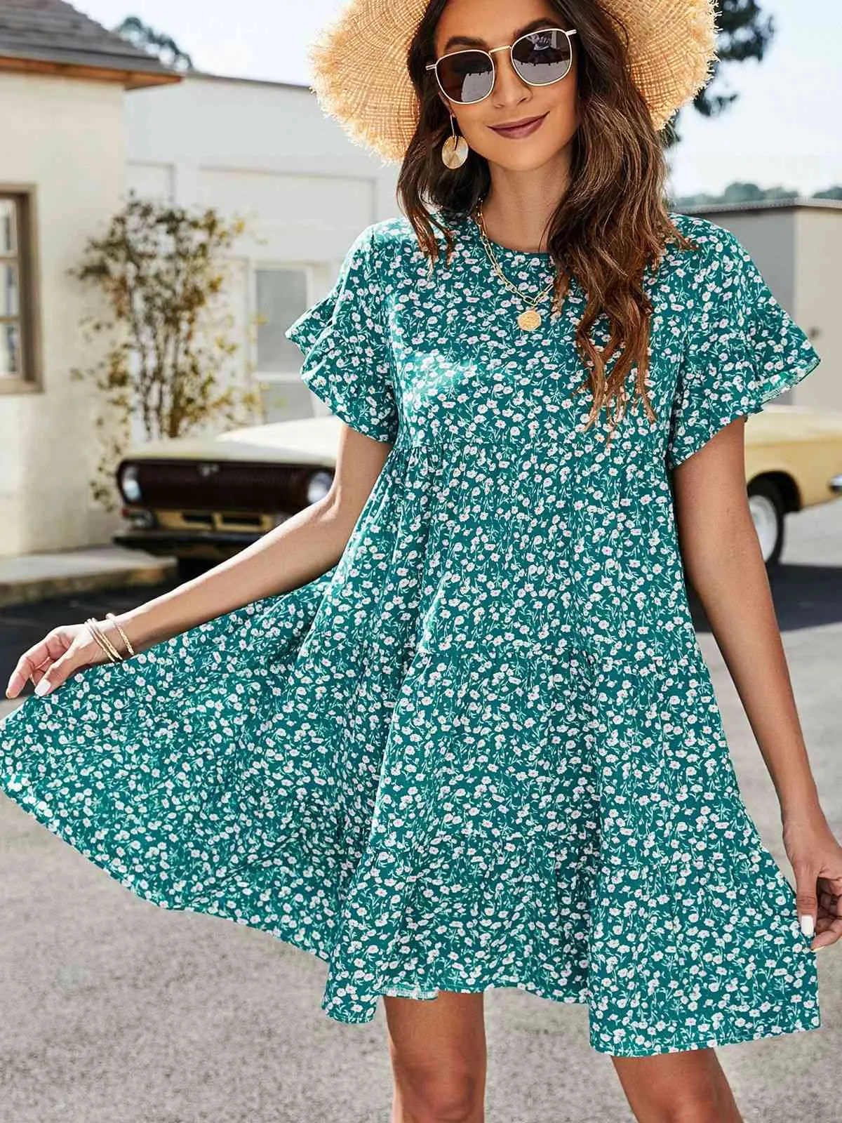 Flounce Sleeve Short Tiered Dress