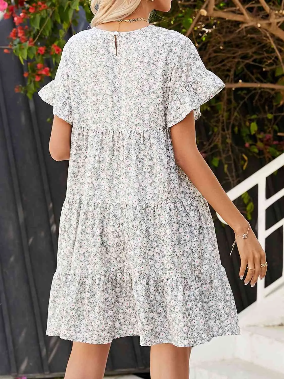 Flounce Sleeve Short Tiered Dress