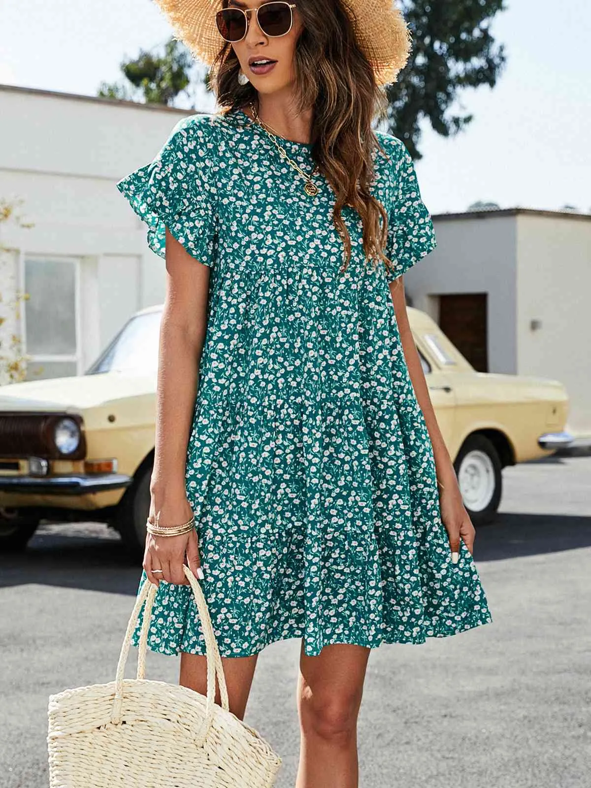 Flounce Sleeve Short Tiered Dress