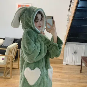 Green Pink Rabbit Ears Hood Soft Plush Loose Pajama Set
