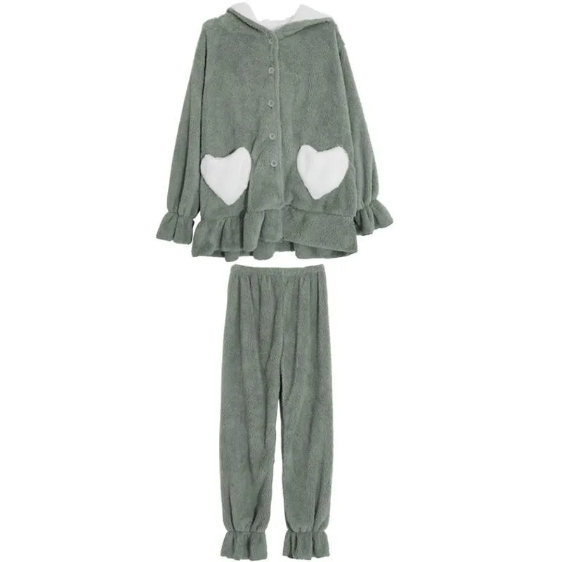 Green Pink Rabbit Ears Hood Soft Plush Loose Pajama Set