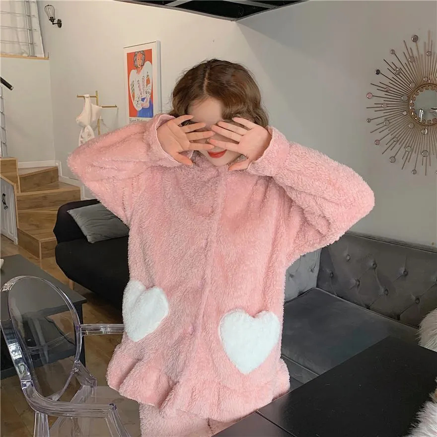 Green Pink Rabbit Ears Hood Soft Plush Loose Pajama Set
