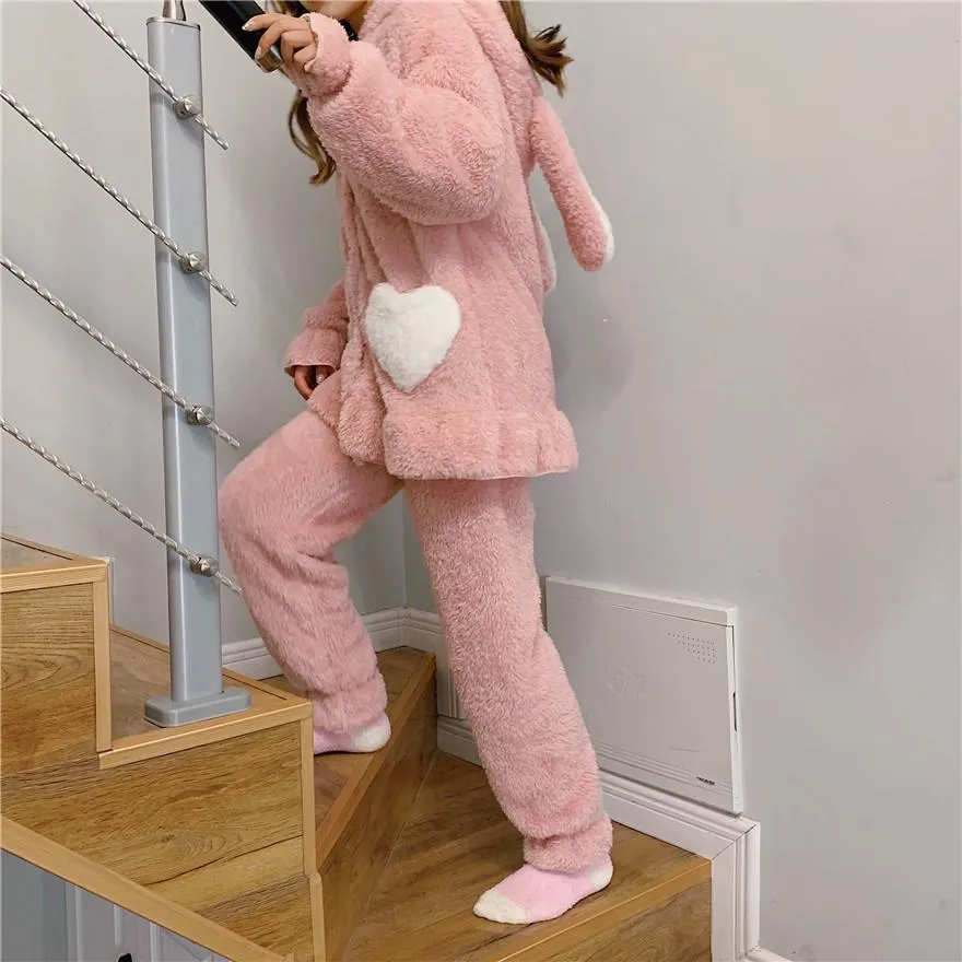 Green Pink Rabbit Ears Hood Soft Plush Loose Pajama Set