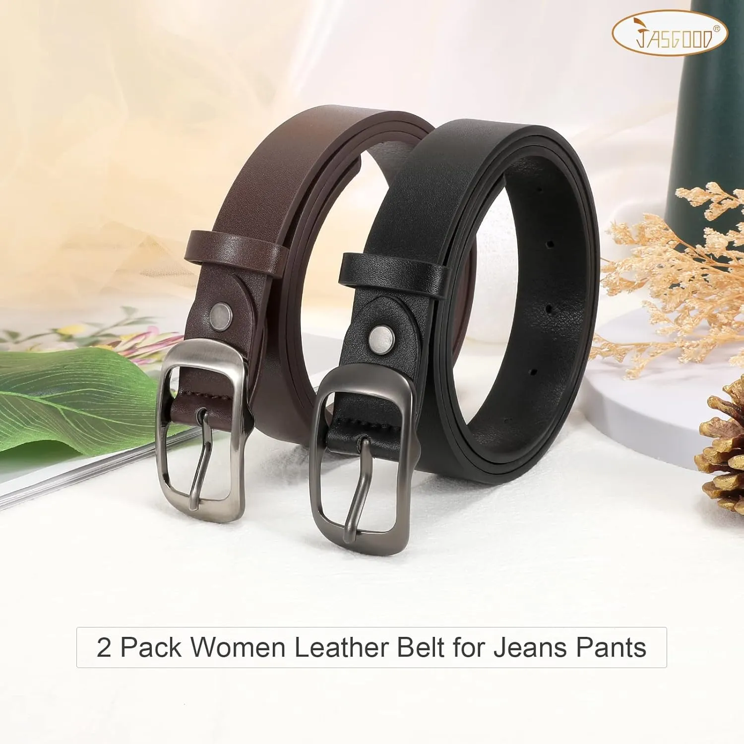 JASGOOD 2 Pack Women Faux Leather Belt, Fashion Ladies Belt with Pin Buckle for Jeans Pants
