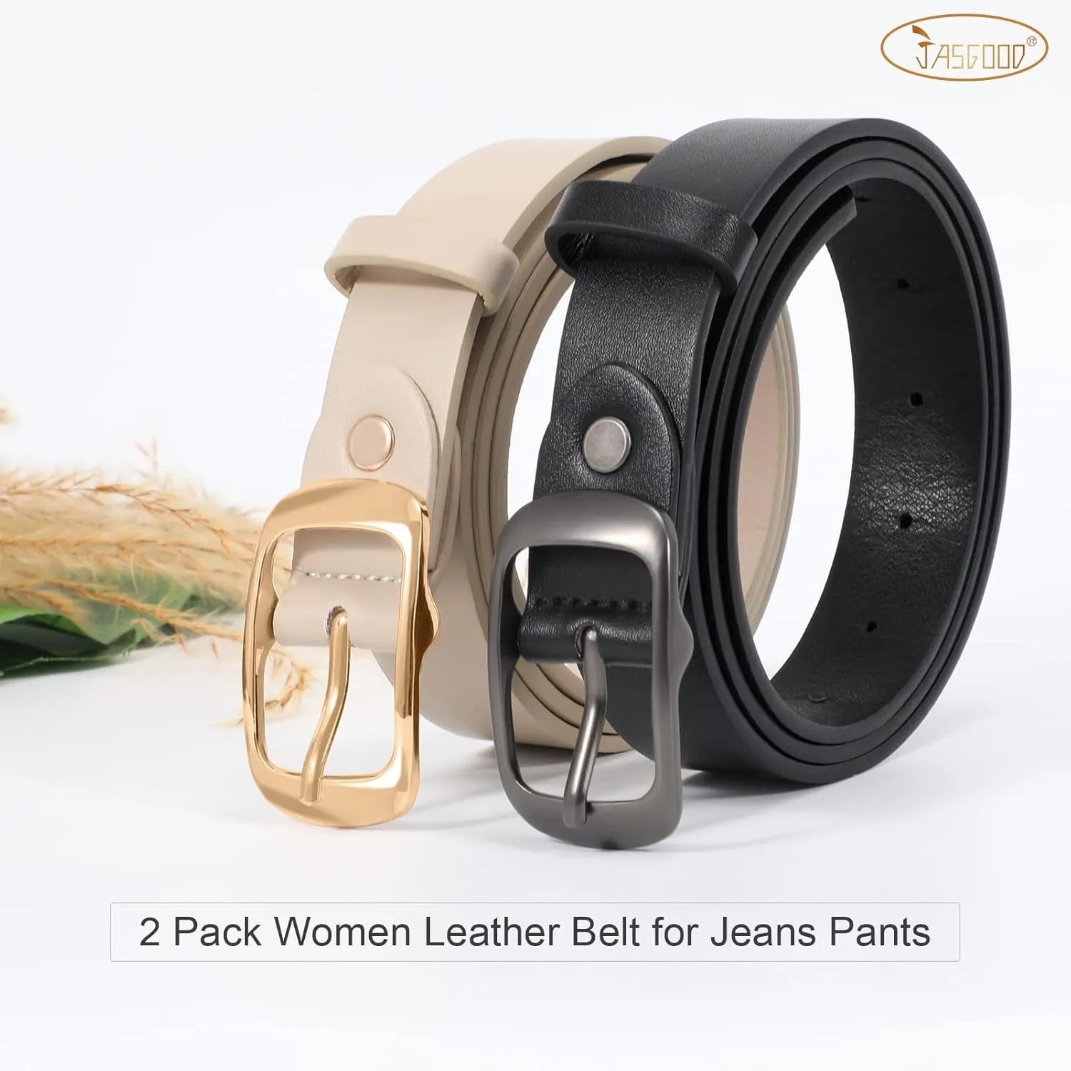JASGOOD 2 Pack Women Faux Leather Belt, Fashion Ladies Belt with Pin Buckle for Jeans Pants