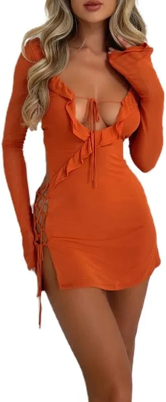 Juakoso Women's Ruffle Low Cut Mini Dress Sexy Cutout See Through Slim Fit Short Dress Tie Dye Lace Up Beach Sundress