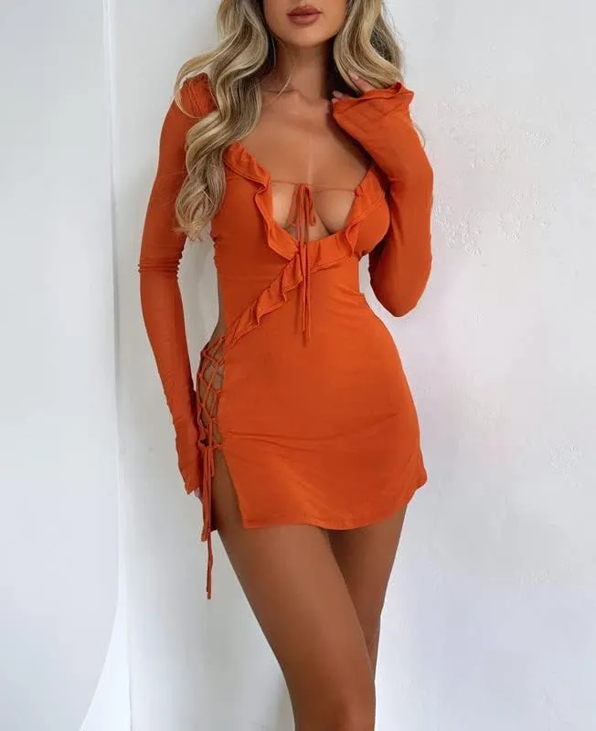 Juakoso Women's Ruffle Low Cut Mini Dress Sexy Cutout See Through Slim Fit Short Dress Tie Dye Lace Up Beach Sundress