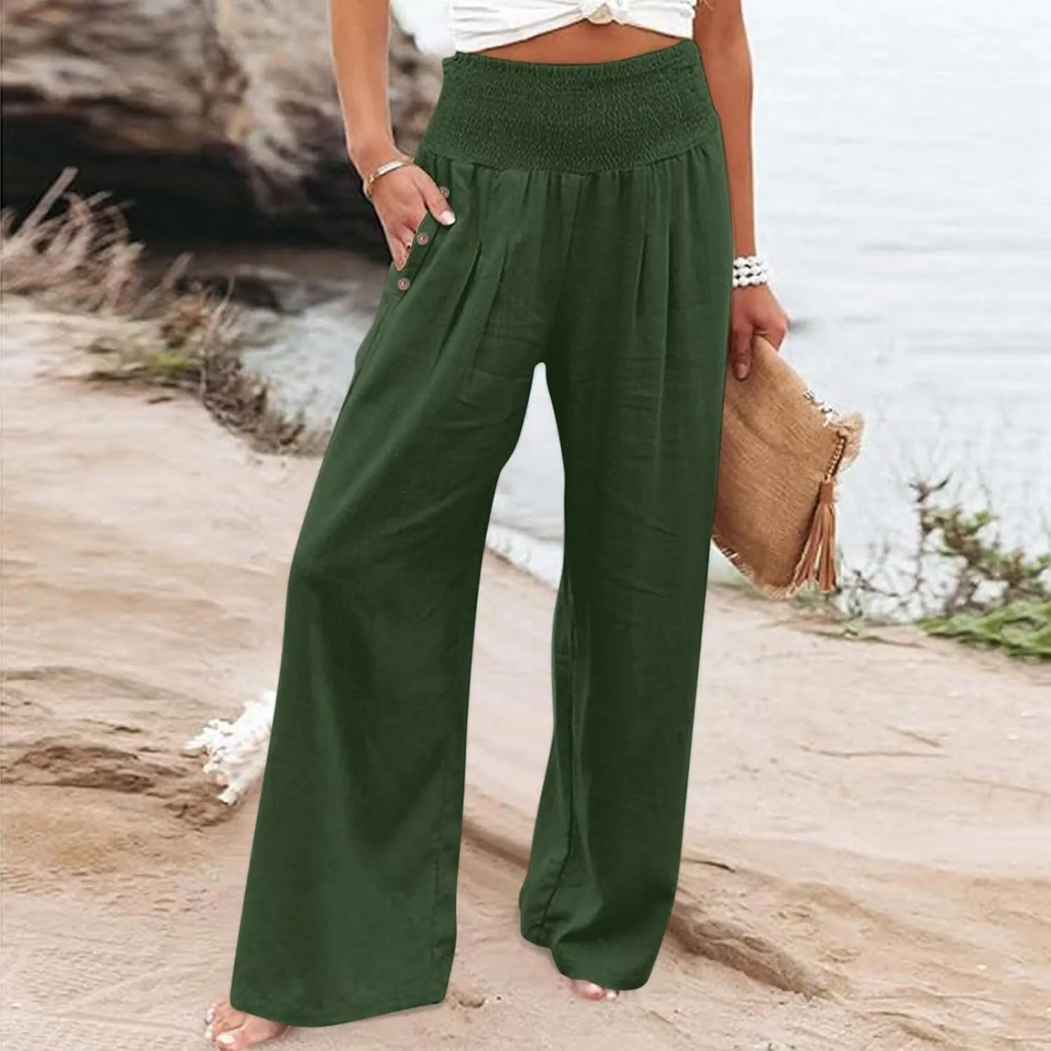 Linen Pants for Women Wide Leg Palazzo High Waisted Casual Flowy Summer Trousers Beach Comfortable Womens Pants