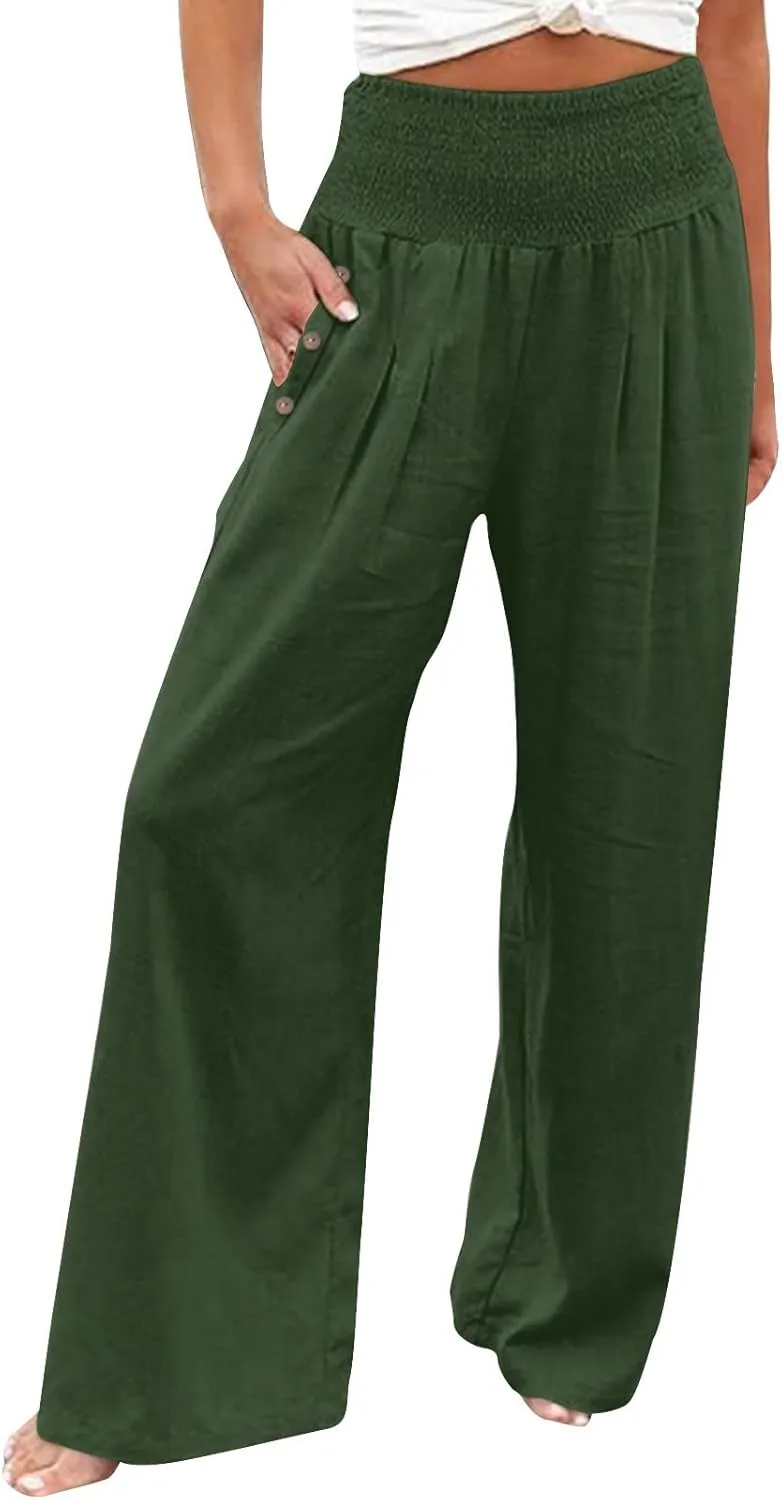 Linen Pants for Women Wide Leg Palazzo High Waisted Casual Flowy Summer Trousers Beach Comfortable Womens Pants