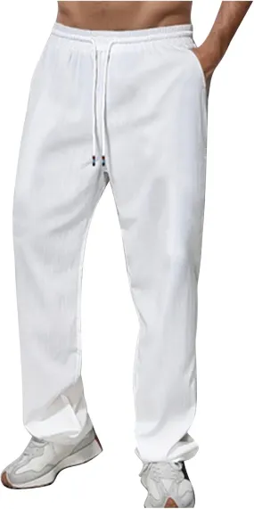 Linen Pants Men Slim Fit Drawstring Elastic Waist Trousers Summer Comfortable Beach Pants with Pockets Full Length