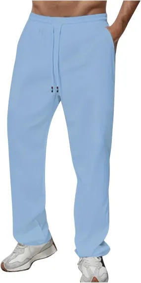 Linen Pants Men Slim Fit Drawstring Elastic Waist Trousers Summer Comfortable Beach Pants with Pockets Full Length