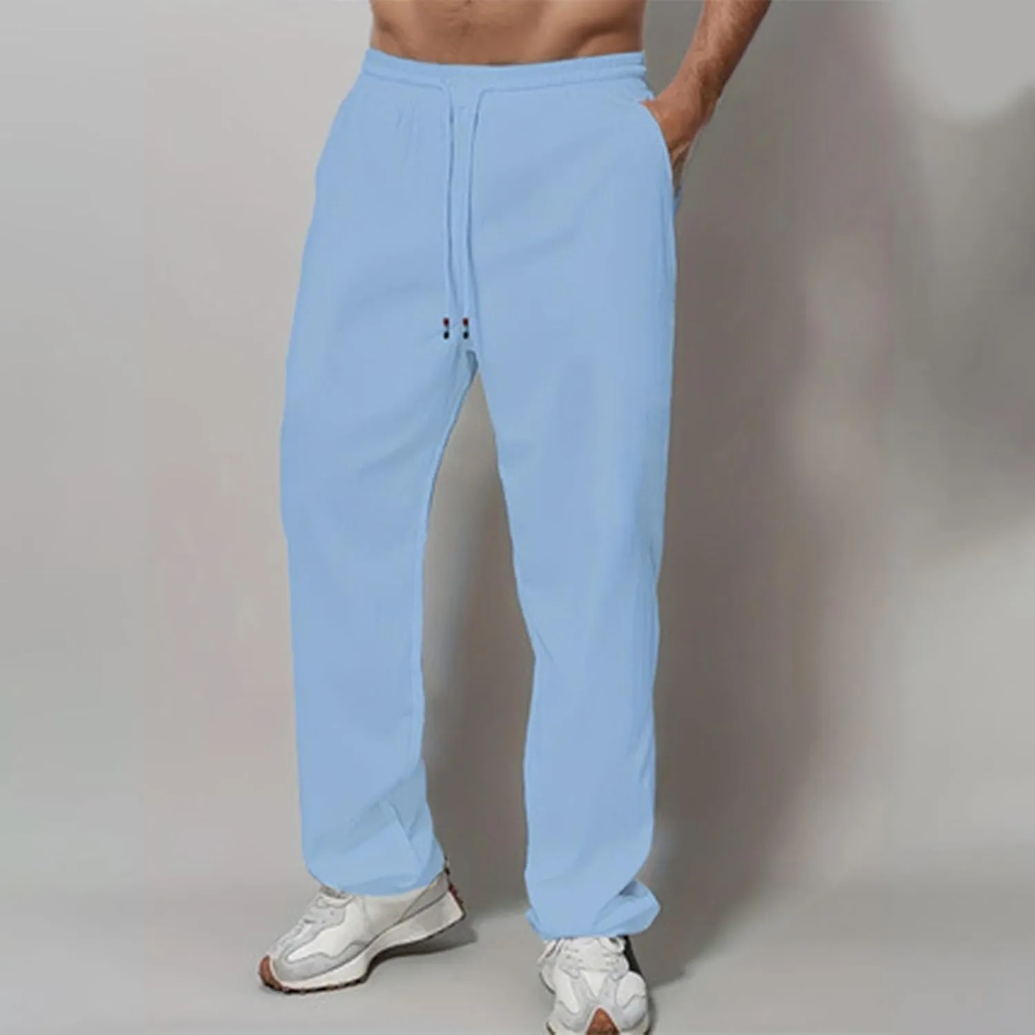 Linen Pants Men Slim Fit Drawstring Elastic Waist Trousers Summer Comfortable Beach Pants with Pockets Full Length