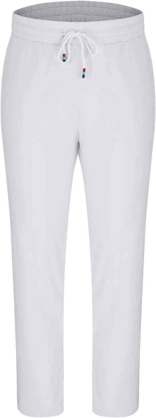 Linen Pants Men Slim Fit Drawstring Elastic Waist Trousers Summer Comfortable Beach Pants with Pockets Full Length