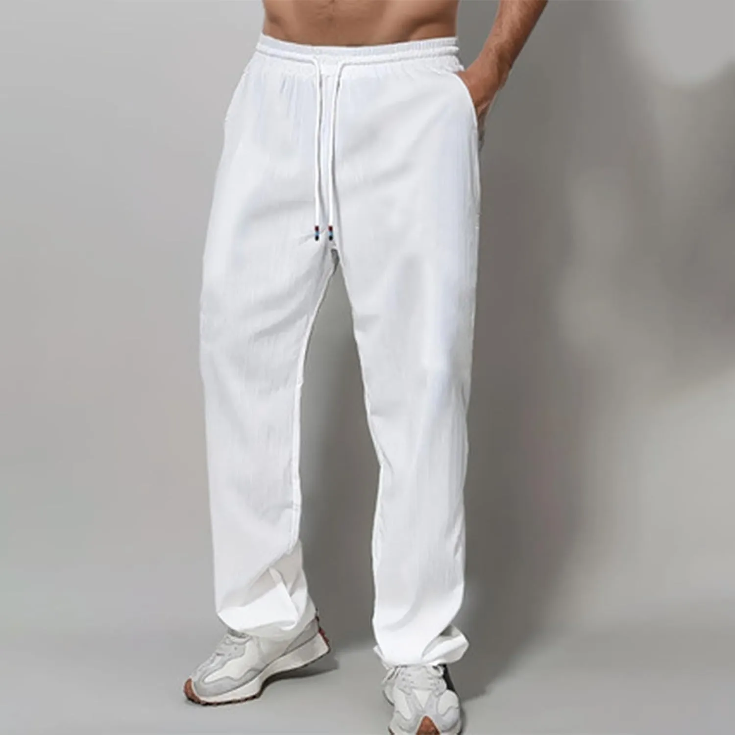 Linen Pants Men Slim Fit Drawstring Elastic Waist Trousers Summer Comfortable Beach Pants with Pockets Full Length