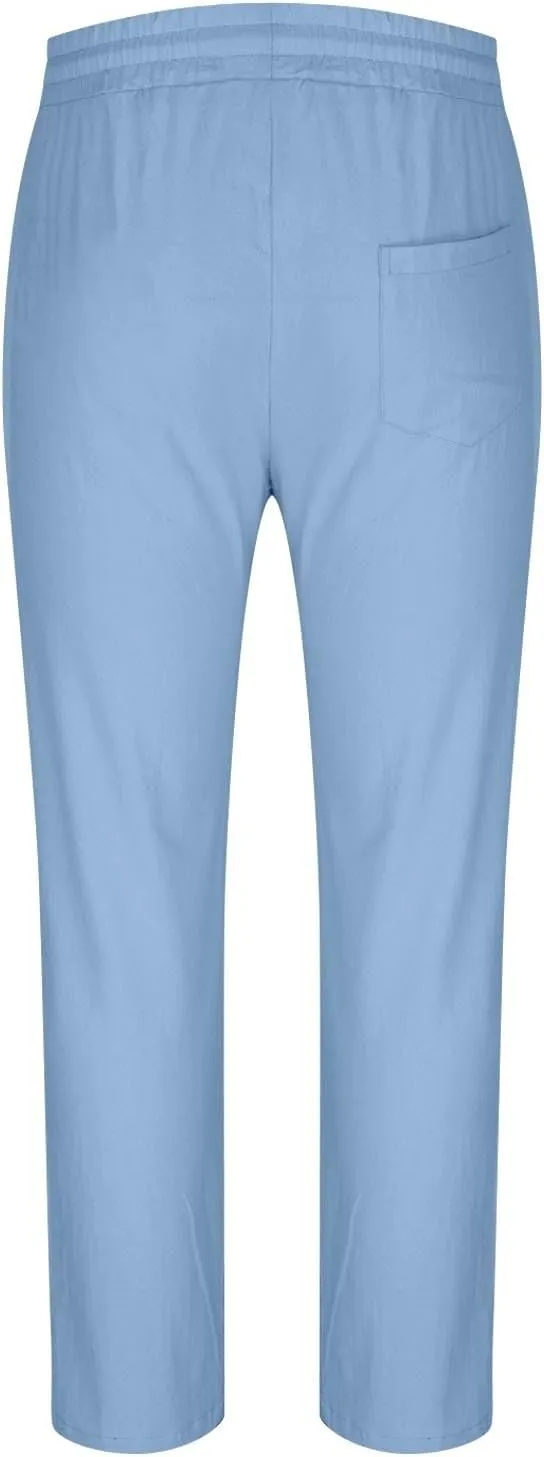 Linen Pants Men Slim Fit Drawstring Elastic Waist Trousers Summer Comfortable Beach Pants with Pockets Full Length