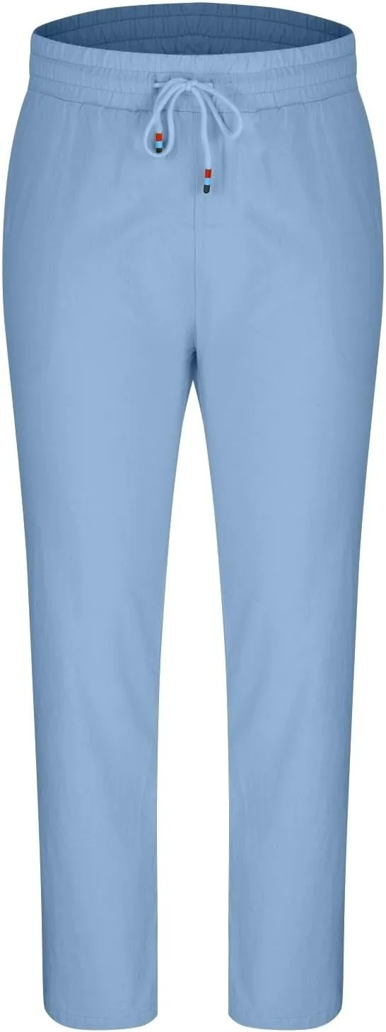 Linen Pants Men Slim Fit Drawstring Elastic Waist Trousers Summer Comfortable Beach Pants with Pockets Full Length