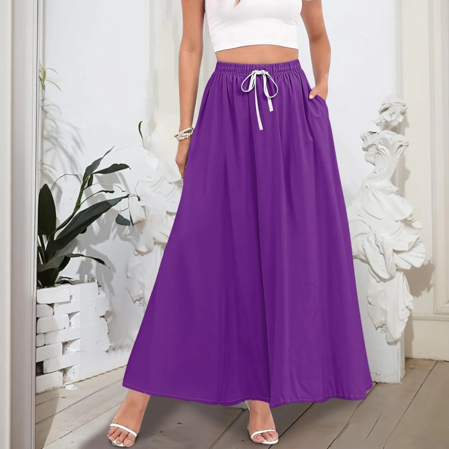 Maxi Floral Flare Skirts for Women 2025 Boho Long Flowy Smocked A Line Skirt High Elastic Waist Skort with Pockets
