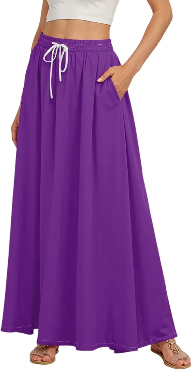 Maxi Floral Flare Skirts for Women 2025 Boho Long Flowy Smocked A Line Skirt High Elastic Waist Skort with Pockets