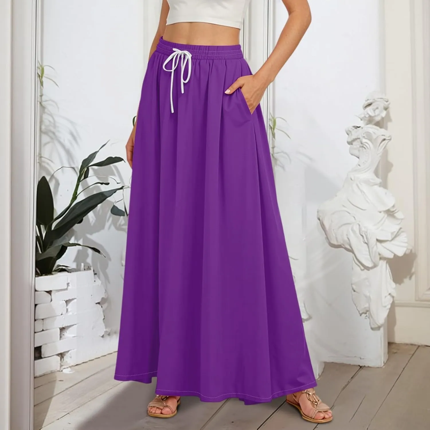 Maxi Floral Flare Skirts for Women 2025 Boho Long Flowy Smocked A Line Skirt High Elastic Waist Skort with Pockets