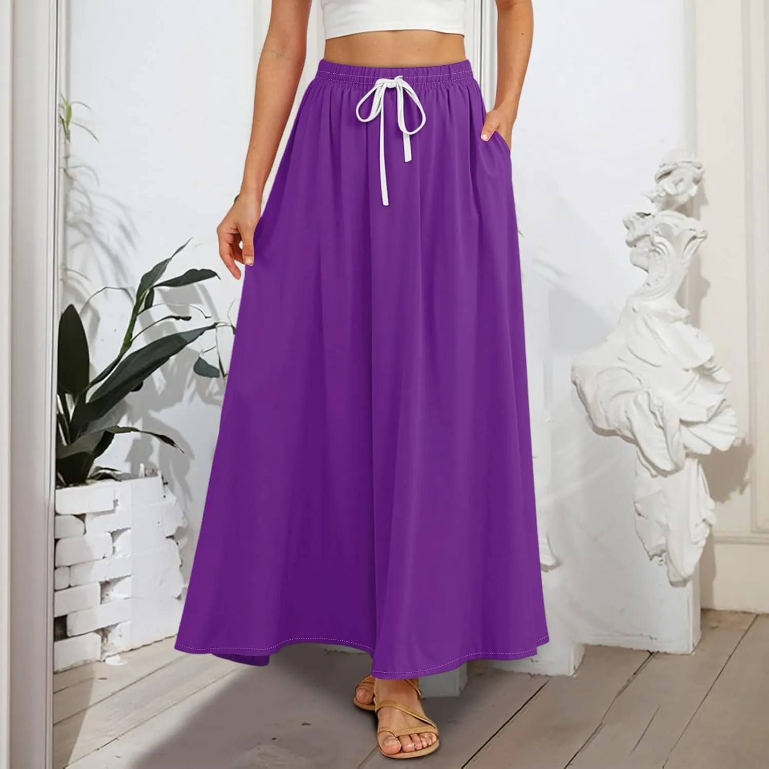 Maxi Floral Flare Skirts for Women 2025 Boho Long Flowy Smocked A Line Skirt High Elastic Waist Skort with Pockets
