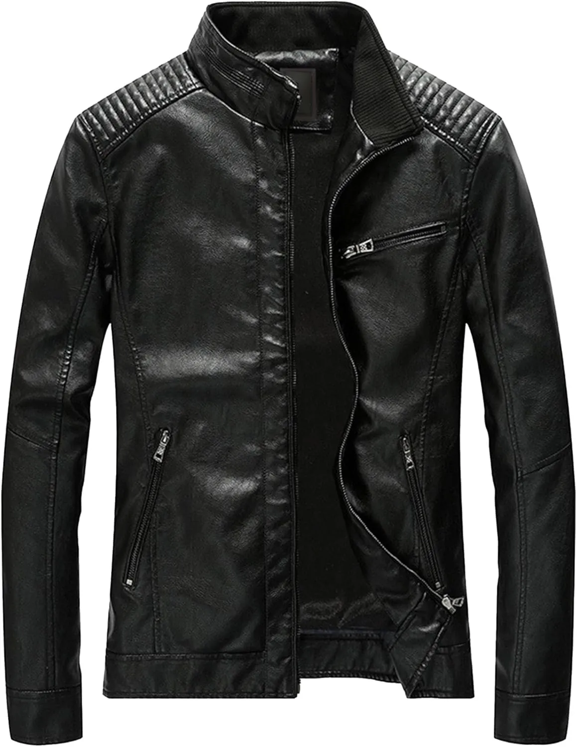 Men's Casual Faux Leather Jacket Stand Collar Zip-up Biker Motorcycle Jackets Punk Style Casual PU Fur Jacket