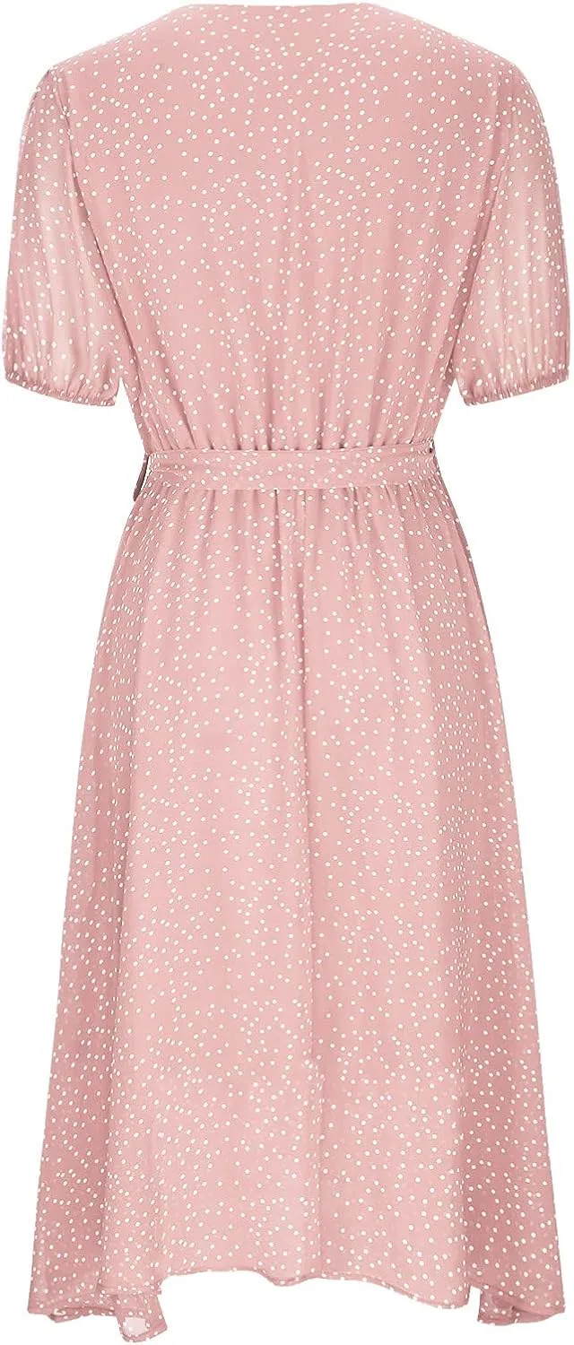 Midi Dress for Women Summer Casual Floral Short Sleeve Smocked Midi Dresses Boho V Neck Beach Sundress