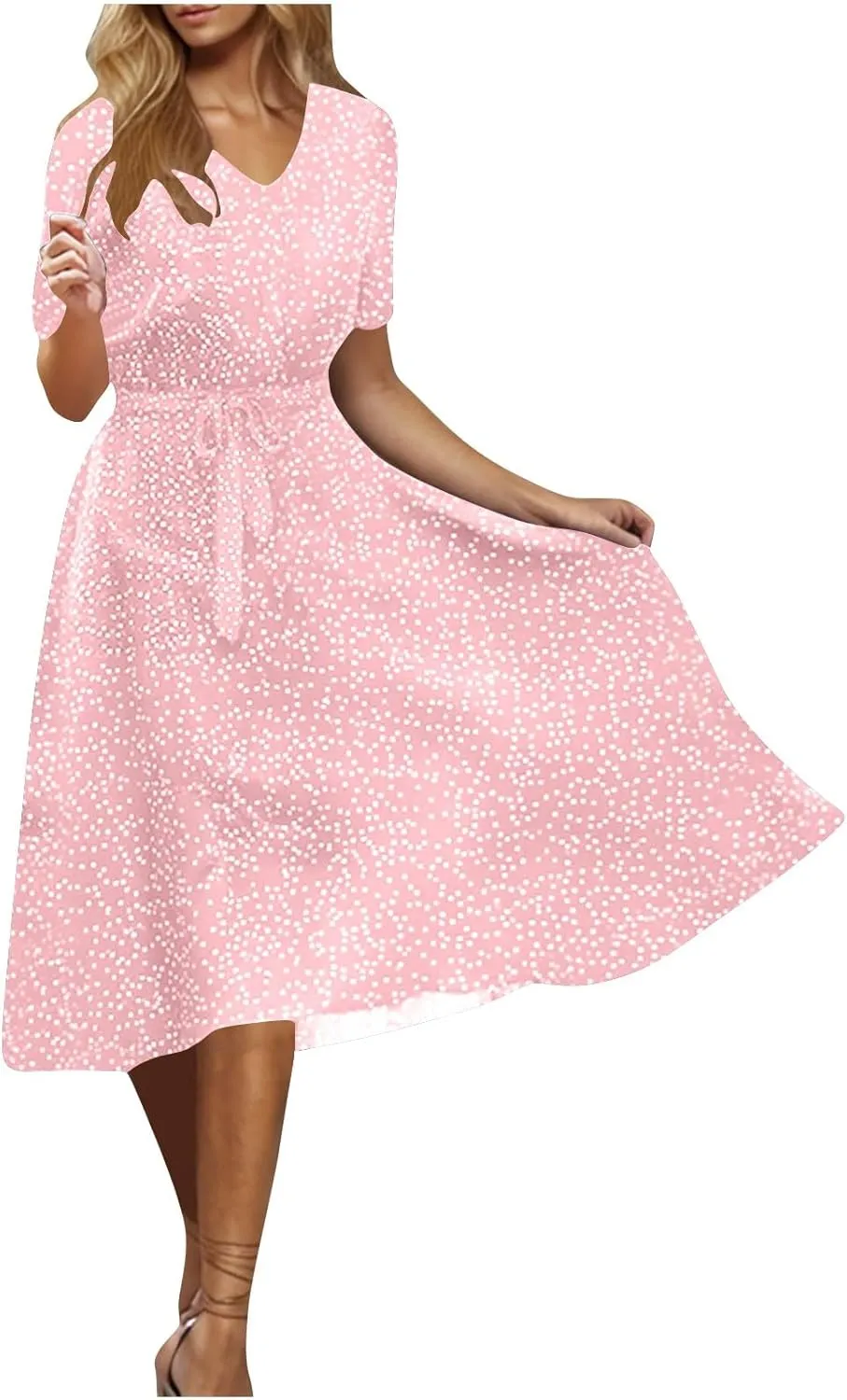 Midi Dress for Women Summer Casual Floral Short Sleeve Smocked Midi Dresses Boho V Neck Beach Sundress