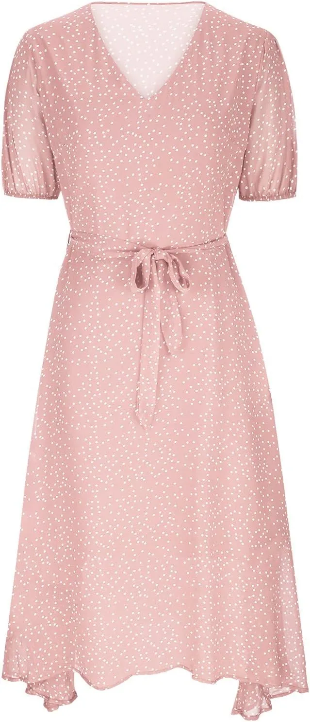 Midi Dress for Women Summer Casual Floral Short Sleeve Smocked Midi Dresses Boho V Neck Beach Sundress