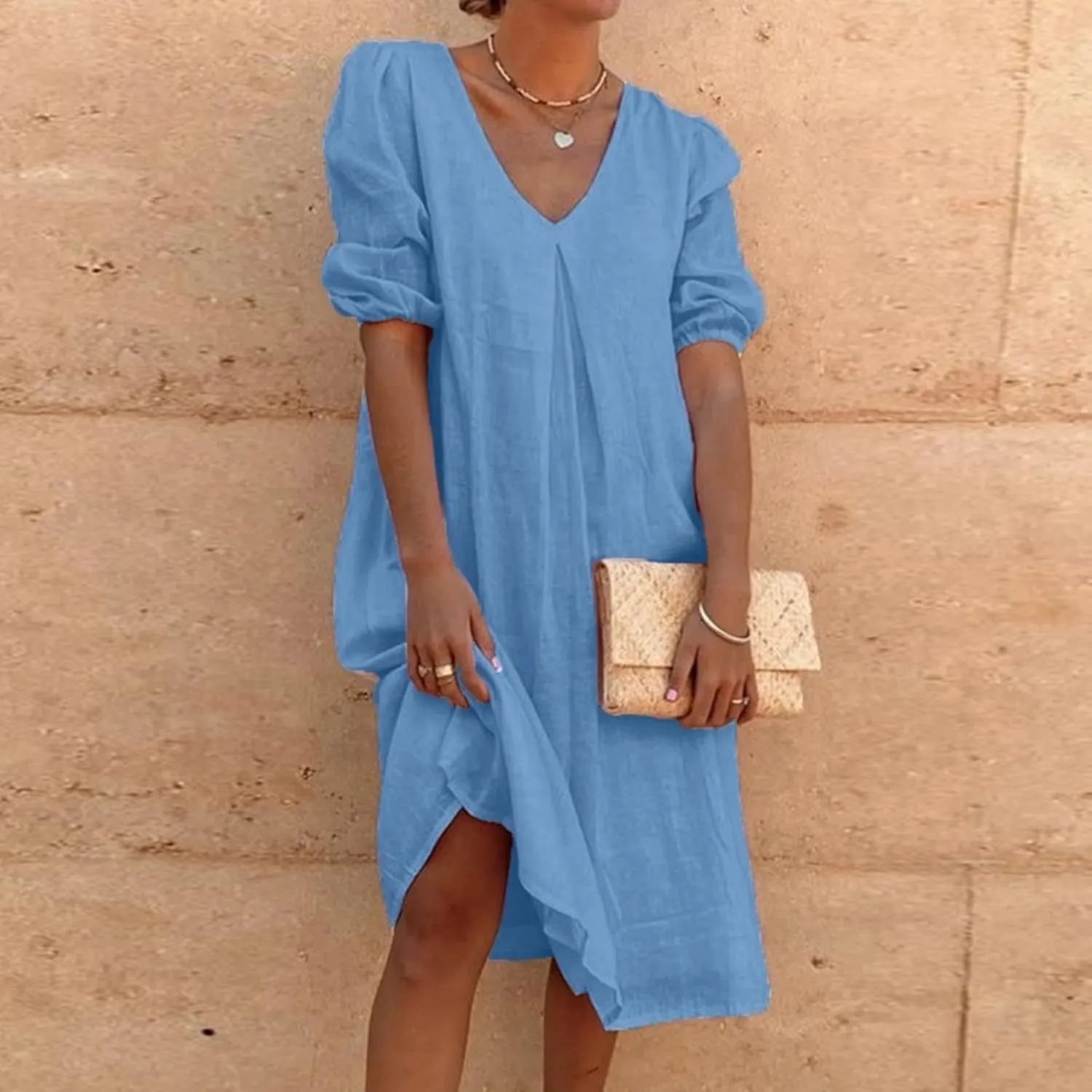 Midi Dresses for Women V Neck Cotton Linen Solid Casual Dress Half Puff Sleeve Loose Ruched Flowy Summer Dresses