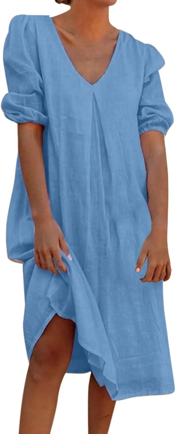 Midi Dresses for Women V Neck Cotton Linen Solid Casual Dress Half Puff Sleeve Loose Ruched Flowy Summer Dresses