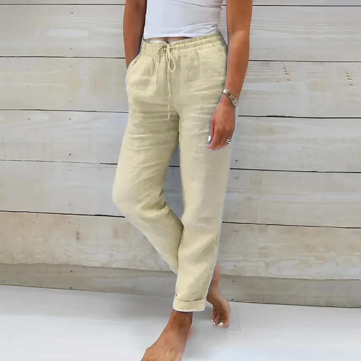 Miyaomn Women's Stylish Linen Straight Leg Pants Drawstring Elastic Waist Casual Joggers Folded Bottom Lounge Trousers Slacks