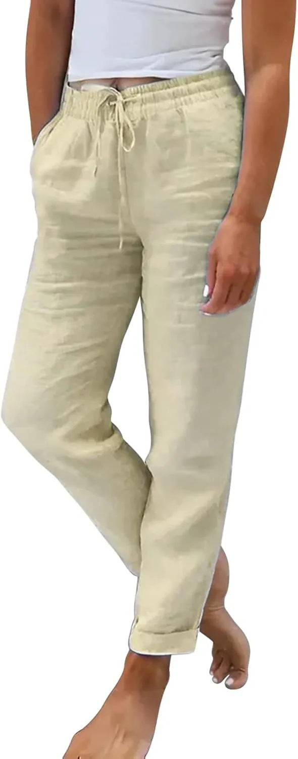 Miyaomn Women's Stylish Linen Straight Leg Pants Drawstring Elastic Waist Casual Joggers Folded Bottom Lounge Trousers Slacks