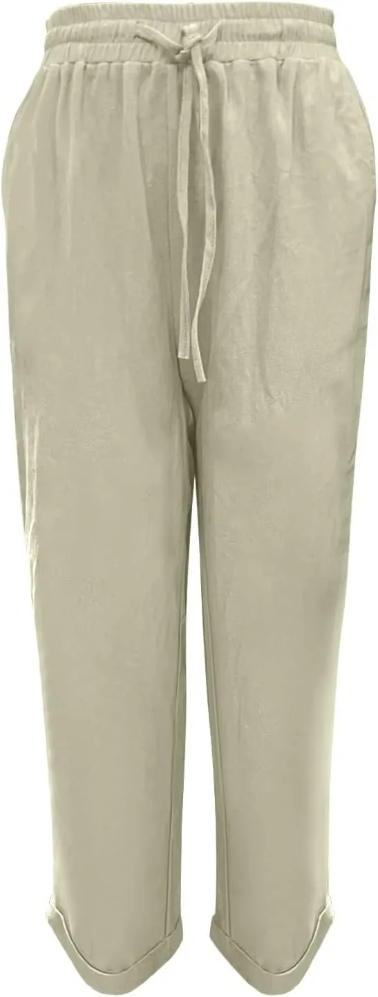 Miyaomn Women's Stylish Linen Straight Leg Pants Drawstring Elastic Waist Casual Joggers Folded Bottom Lounge Trousers Slacks
