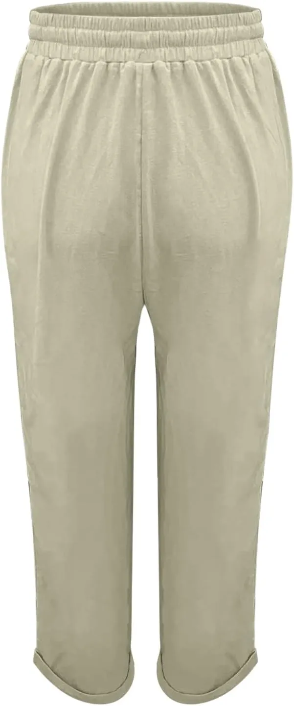 Miyaomn Women's Stylish Linen Straight Leg Pants Drawstring Elastic Waist Casual Joggers Folded Bottom Lounge Trousers Slacks
