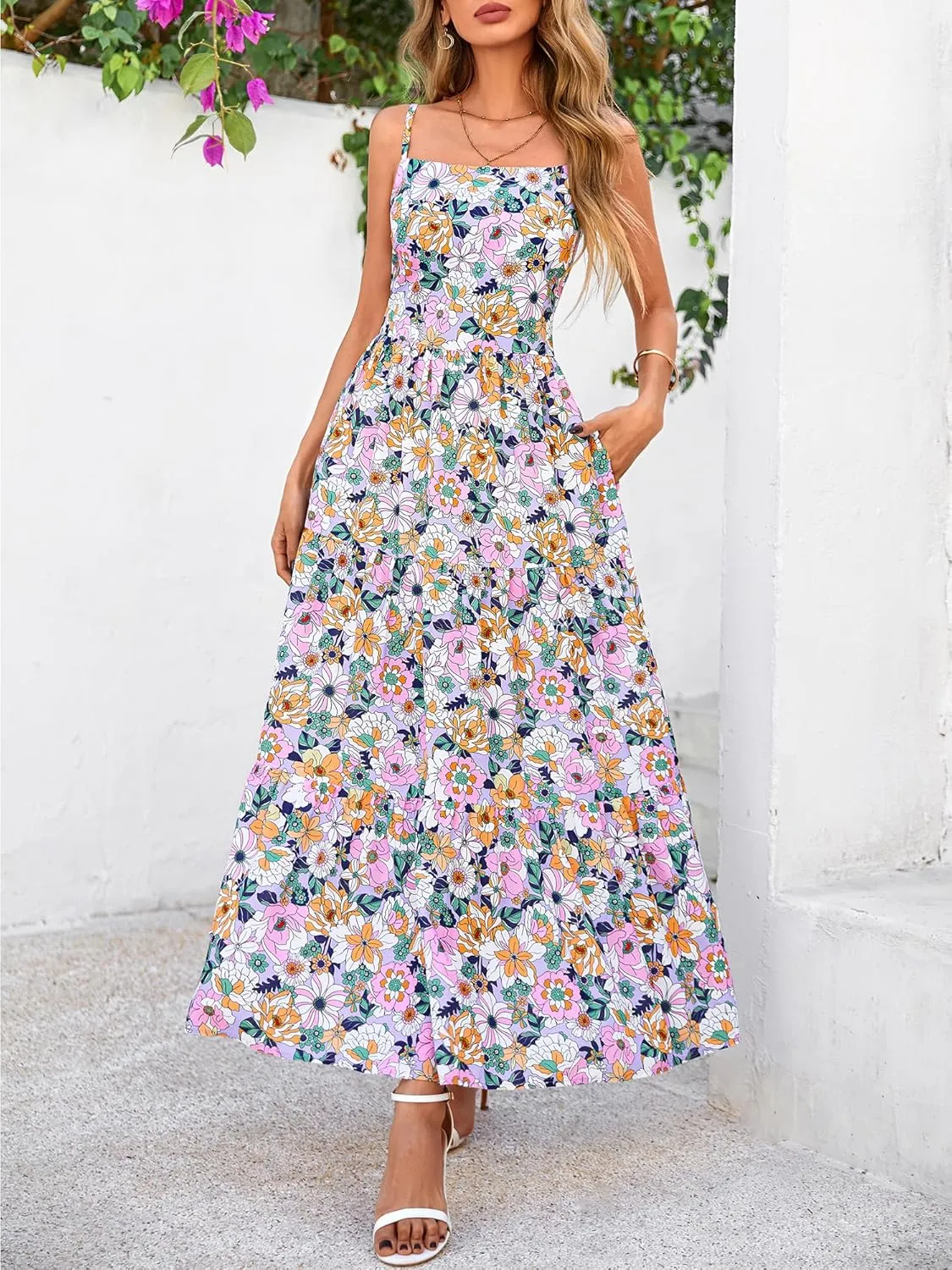 NOLLSOM Women's Summer Dress 2025 Casual Floral Boho Maxi Dresses Sleeveless Spaghetti Strap Long Beach Sun Dresses