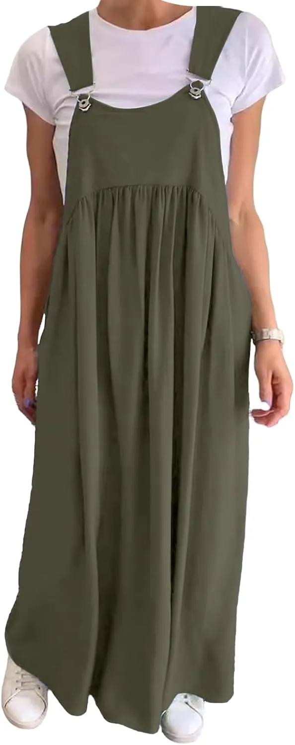 Overall Dress for Women Long Cotton Linen Casual Summer Dresses Baggy Sleeveless Maxi Dress Beach Sundress with Pocket