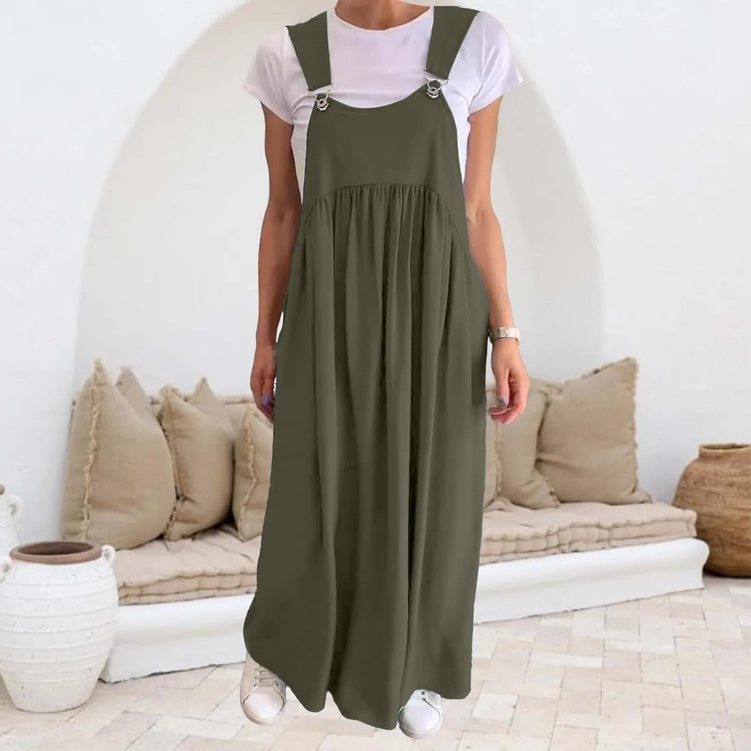 Overall Dress for Women Long Cotton Linen Casual Summer Dresses Baggy Sleeveless Maxi Dress Beach Sundress with Pocket