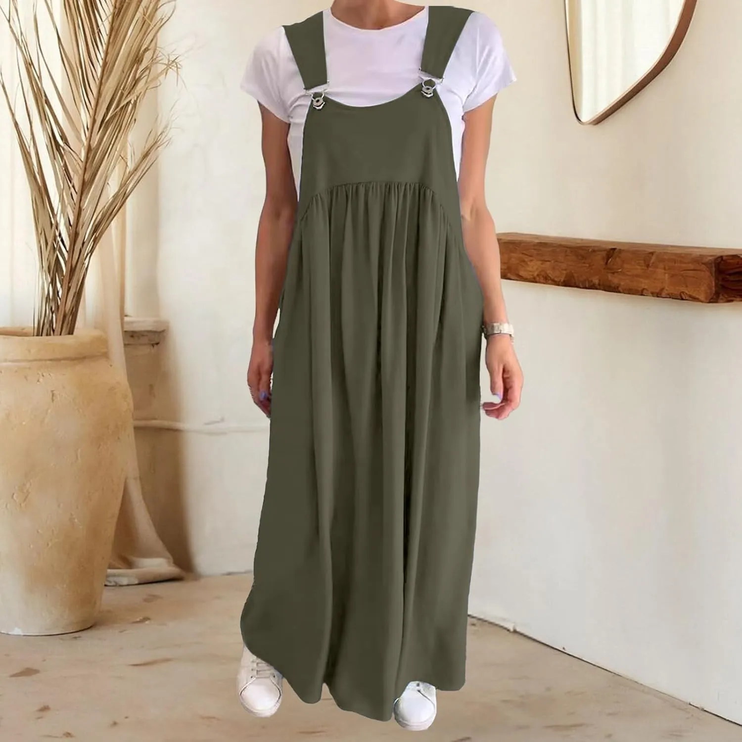 Overall Dress for Women Long Cotton Linen Casual Summer Dresses Baggy Sleeveless Maxi Dress Beach Sundress with Pocket