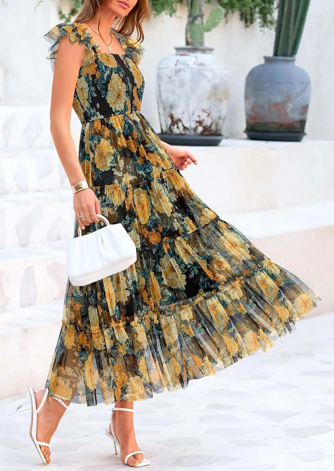 PRETTYGARDEN Women's Summer Midi Tulle Dress Sleeveless Smocked Square Neck Ruffle Flowy Party Wedding Guest Sundress