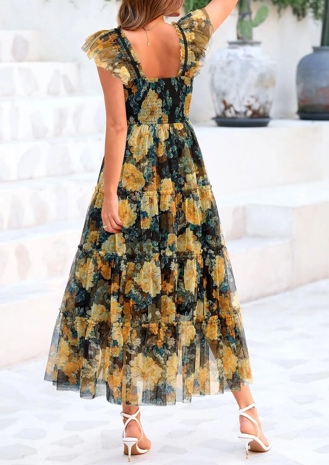 PRETTYGARDEN Women's Summer Midi Tulle Dress Sleeveless Smocked Square Neck Ruffle Flowy Party Wedding Guest Sundress