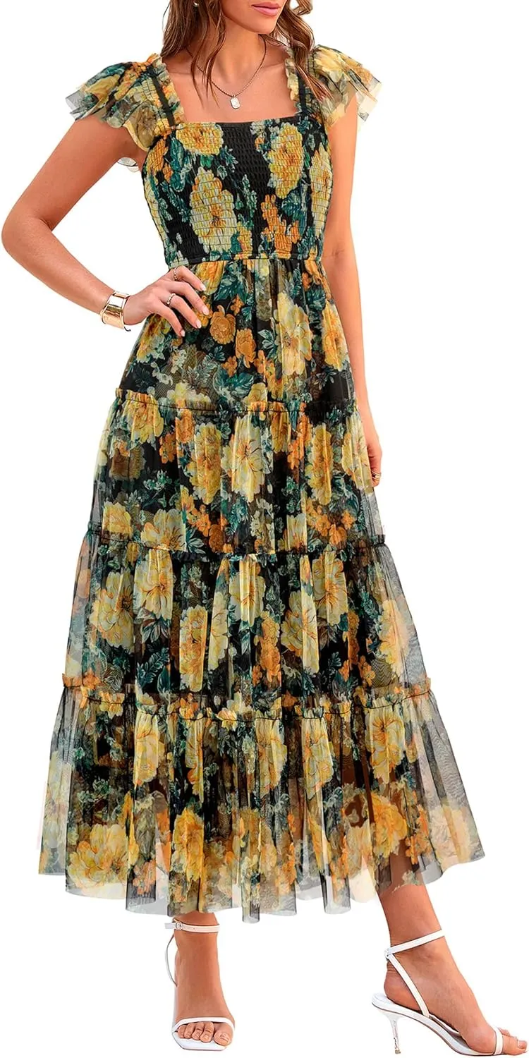 PRETTYGARDEN Women's Summer Midi Tulle Dress Sleeveless Smocked Square Neck Ruffle Flowy Party Wedding Guest Sundress