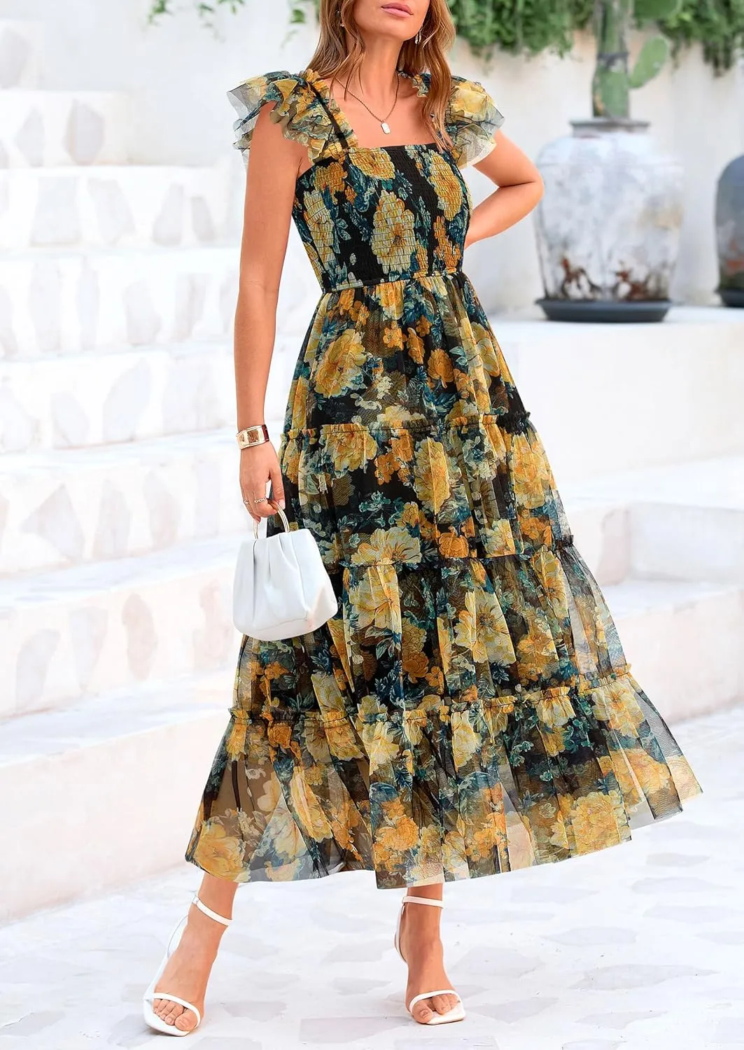 PRETTYGARDEN Women's Summer Midi Tulle Dress Sleeveless Smocked Square Neck Ruffle Flowy Party Wedding Guest Sundress