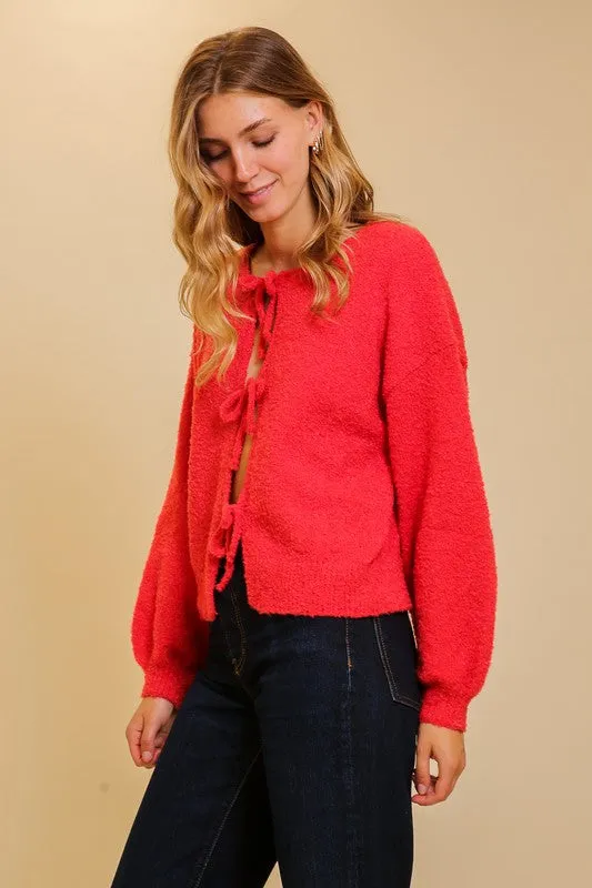 Ruby Long Sleeve Bow Tie Cardigan Sweater Red