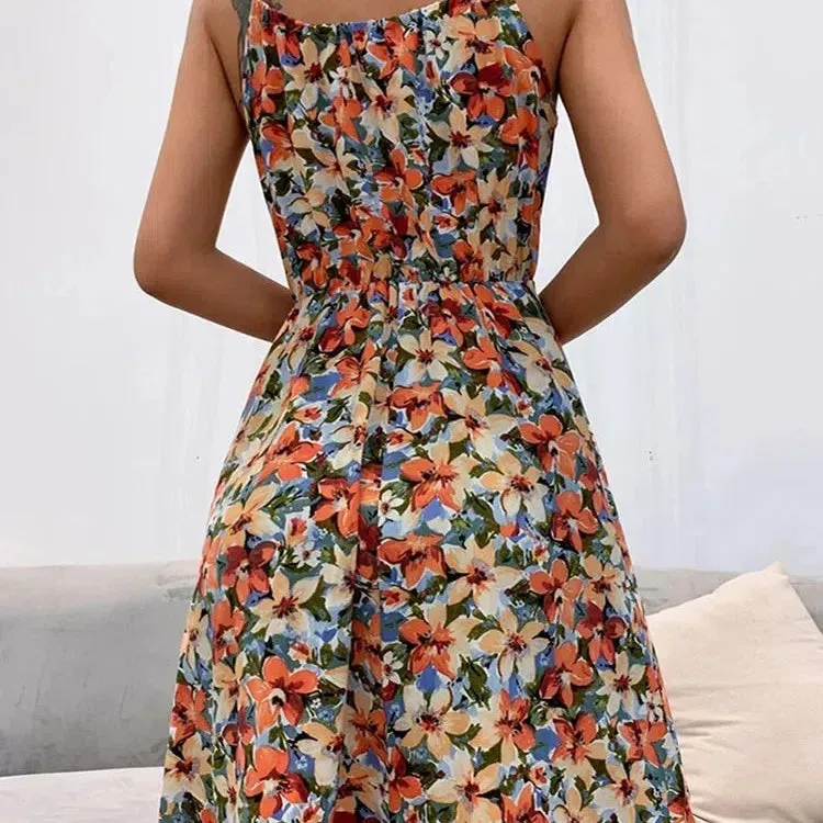 Sexy Floral Print Short Dress Women Summer Fashion Backless Sundress Sleeveless Lace-up Beach Style