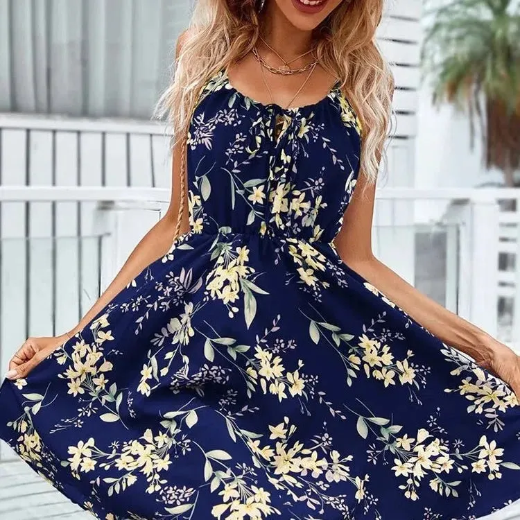 Sexy Floral Print Short Dress Women Summer Fashion Backless Sundress Sleeveless Lace-up Beach Style