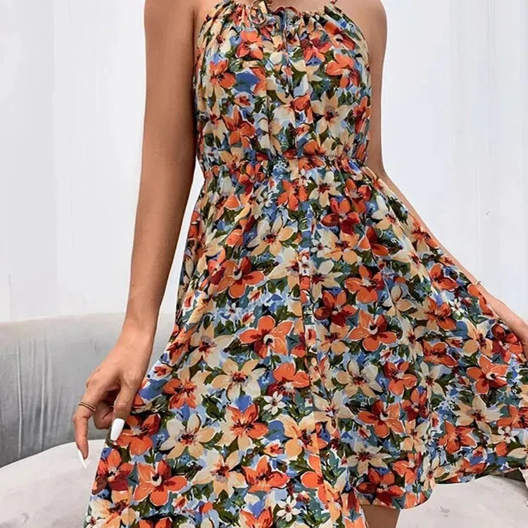 Sexy Floral Print Short Dress Women Summer Fashion Backless Sundress Sleeveless Lace-up Beach Style