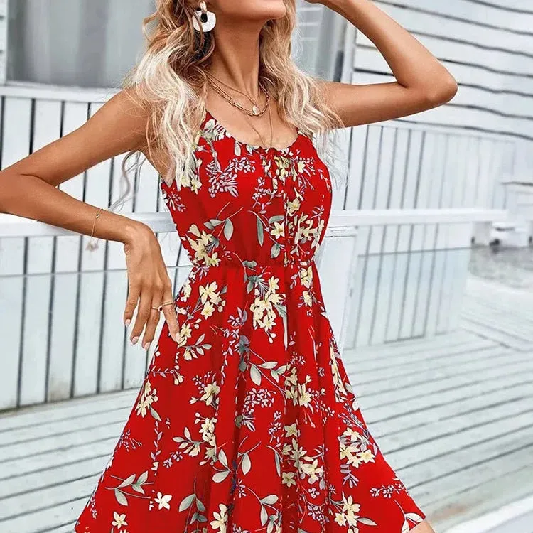 Sexy Floral Print Short Dress Women Summer Fashion Backless Sundress Sleeveless Lace-up Beach Style