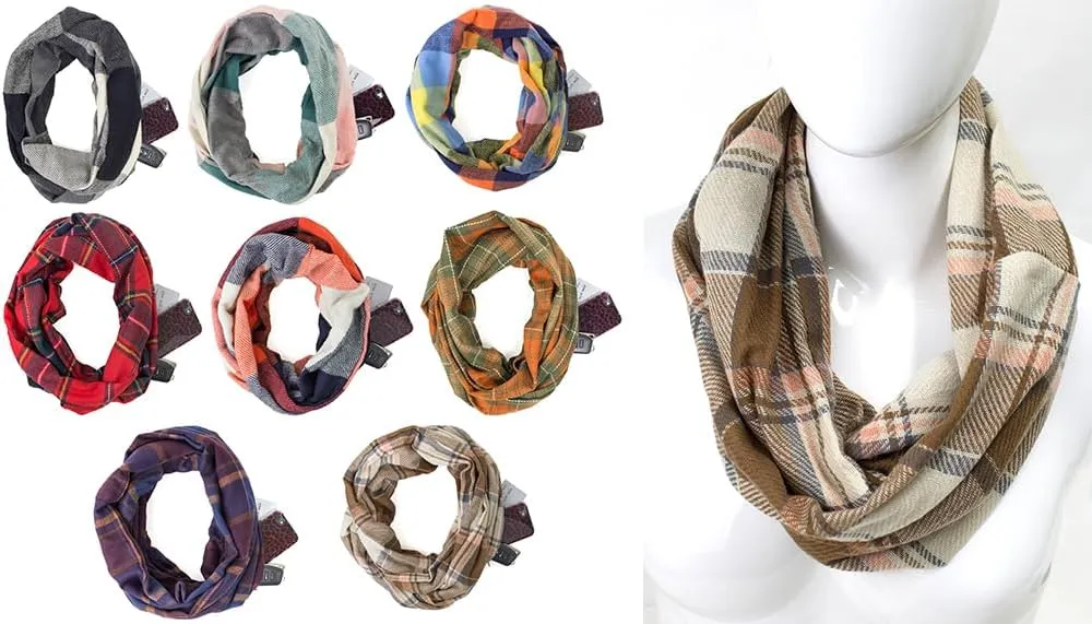 stylesilove Winter Plaid Infinity Scarf with Hidden Zipper Pocket Fashion Travel Scarf for Women and Men