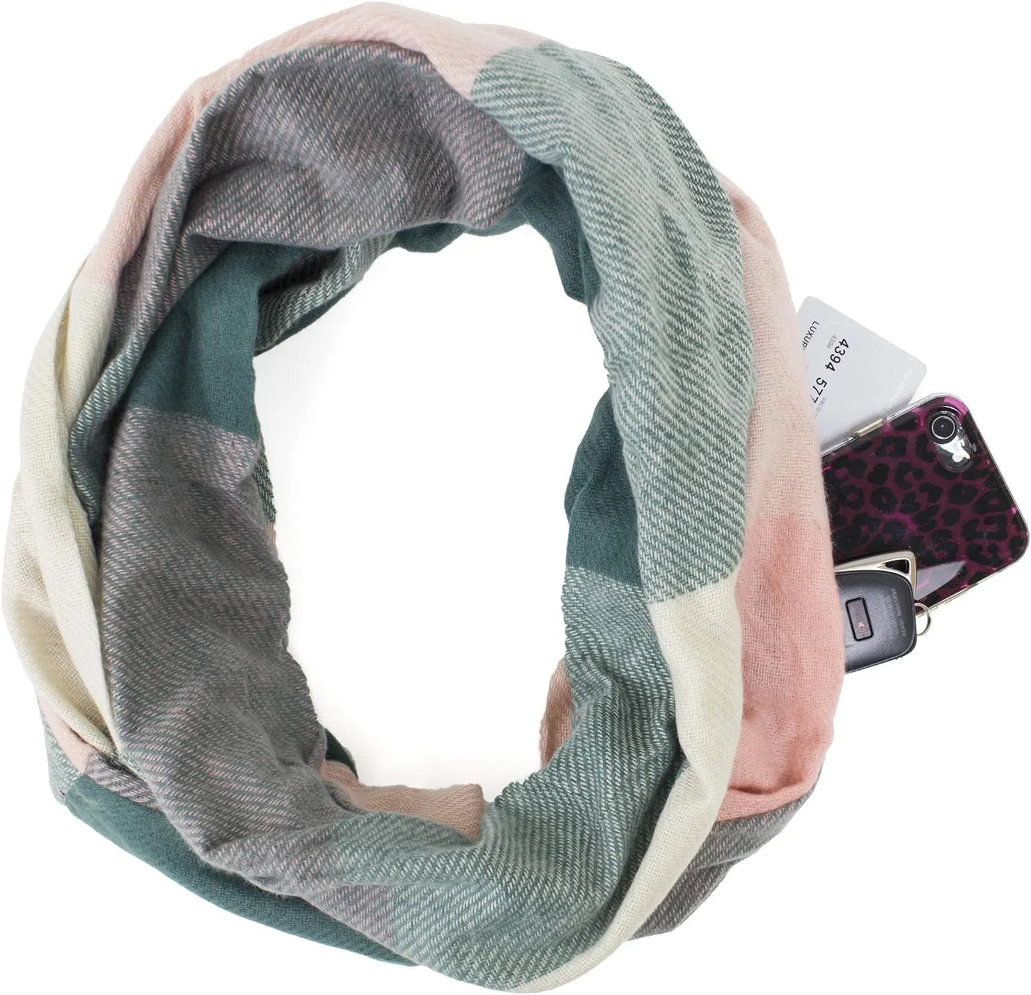 stylesilove Winter Plaid Infinity Scarf with Hidden Zipper Pocket Fashion Travel Scarf for Women and Men