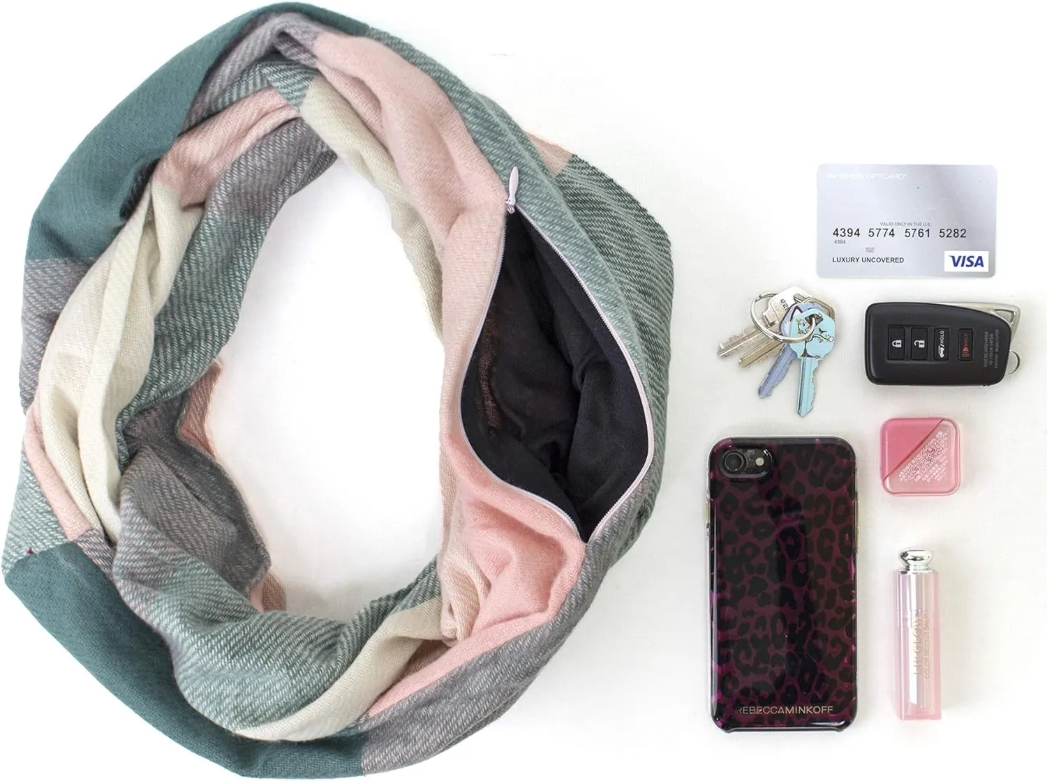 stylesilove Winter Plaid Infinity Scarf with Hidden Zipper Pocket Fashion Travel Scarf for Women and Men